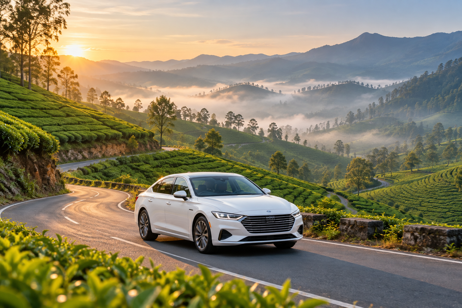 White sedan on a scenic road through green tea hills